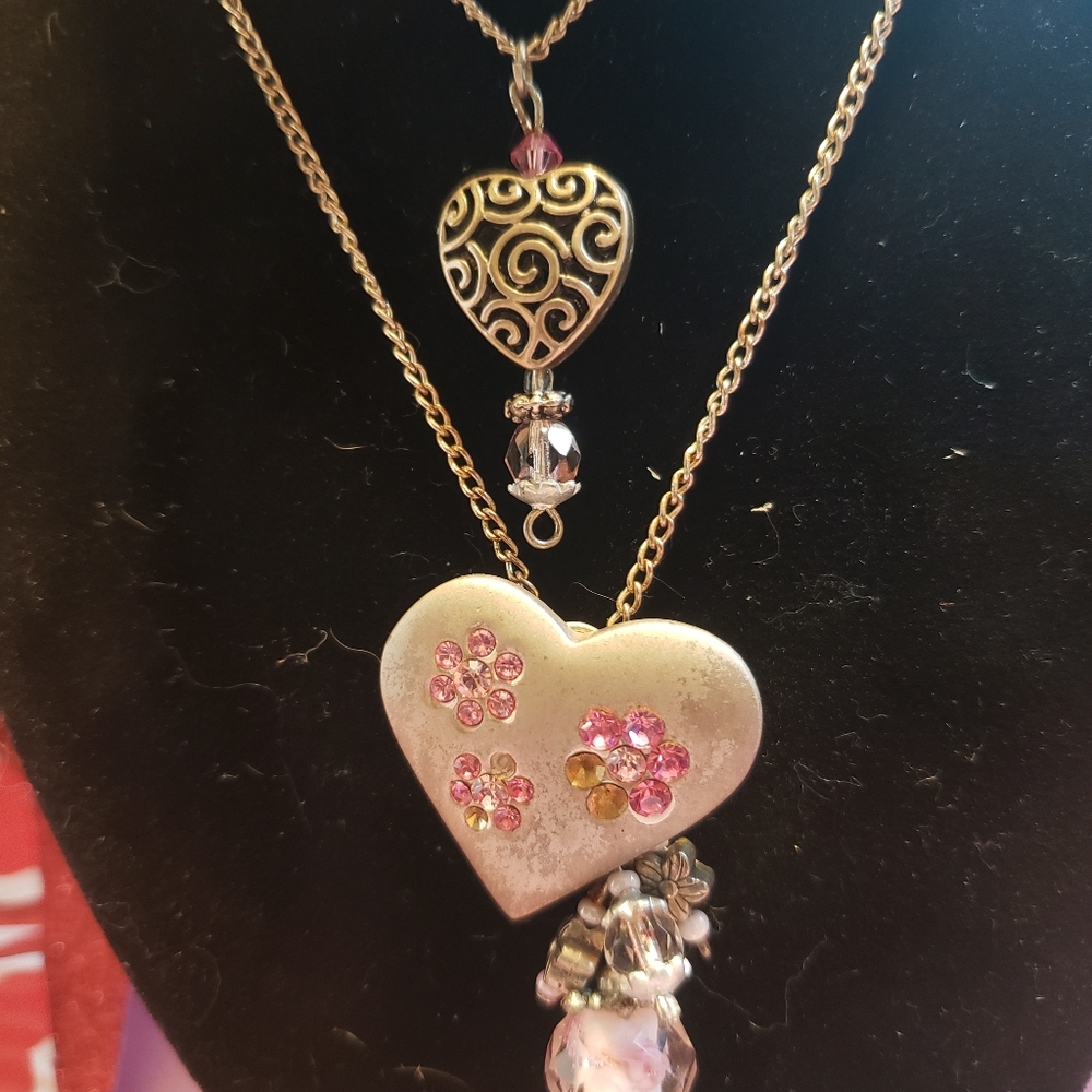 Valentine's pink crystal and clear crystal silver necklace with gift box